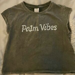 Zara Kids Gray 'Palm Vibes' Rhinestone Crop T-Shirt